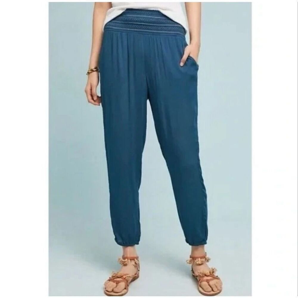 Anthropologie Ett twa Sulawesi Smocked Joggers Teal  Pocket Pull On Pants Sz M